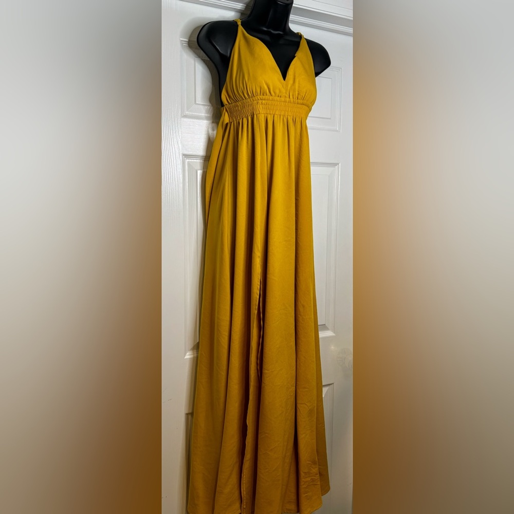 Fashion Nova River Flow Mustard Yellow V-Neck Tie-Waist Maxi Dress - Picture 6 of 10